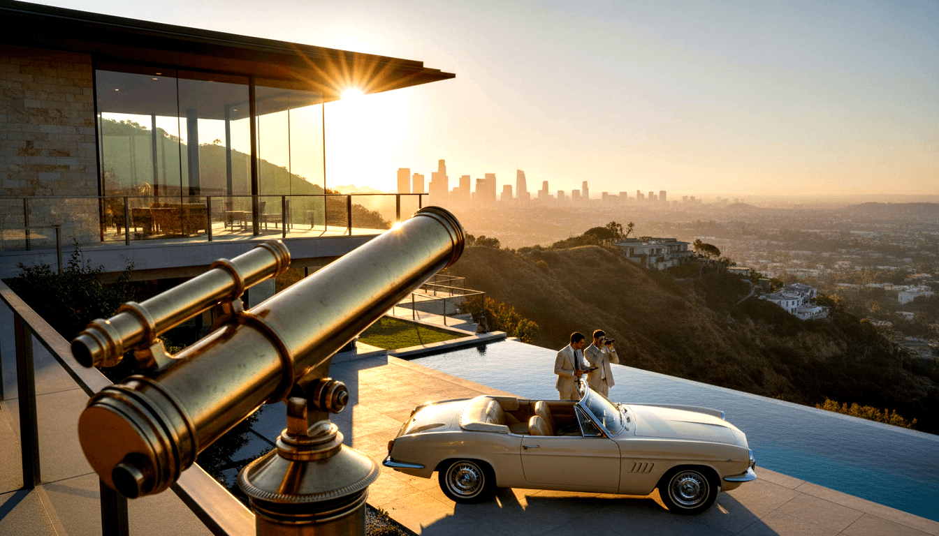 Brass antique telescope on pedestal foregrounds cream vintage convertible, two tan-suited figures, glass house with infinity pool over city.