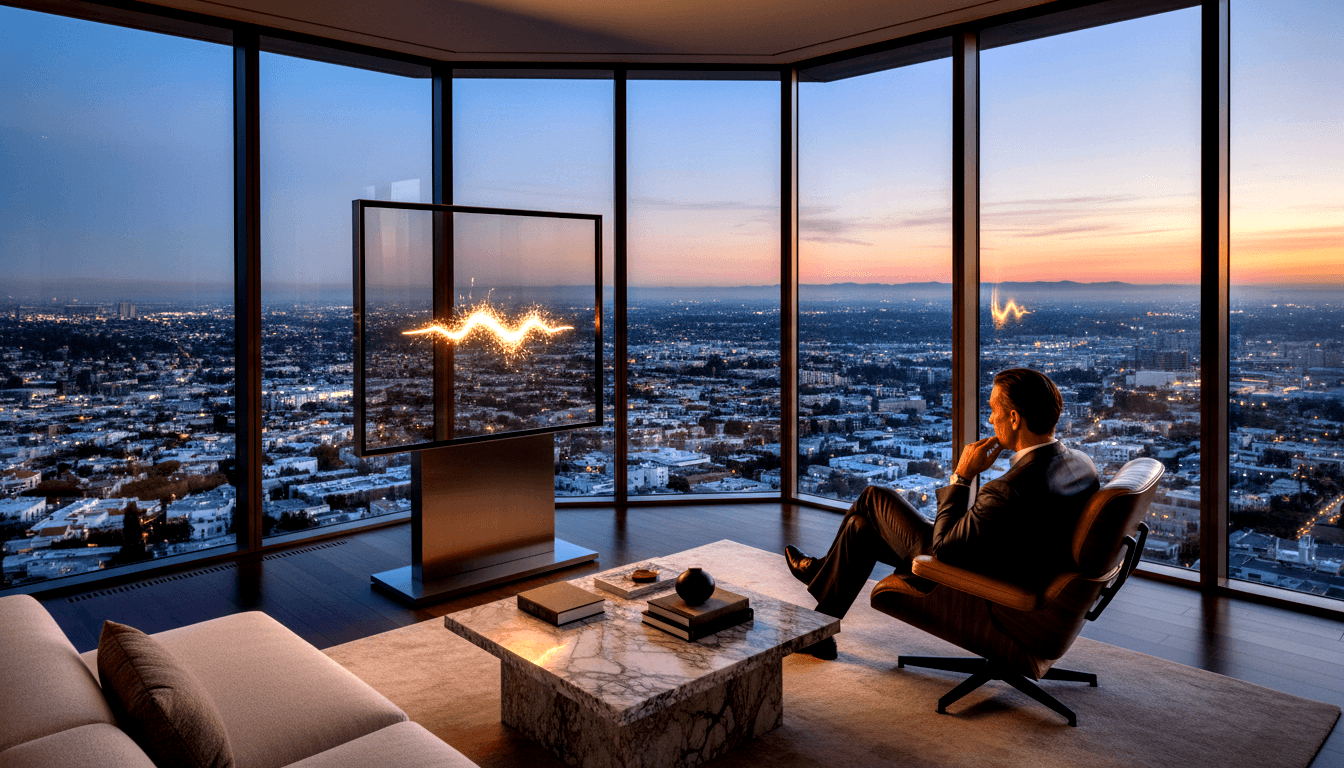 Man in dark suit sits in leather chair facing glass panel with glowing golden waveform; twilight cityscape behind him.