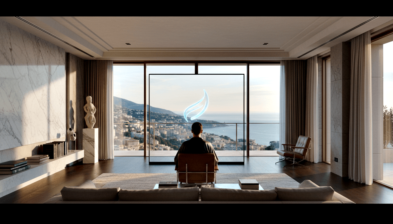 Person sitting in brown leather mid-century chair facing floor-to-ceiling glass with coastal dusk view and cyan hologram in transparent panel.