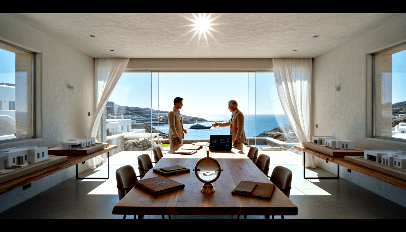 Two backlit men at a wooden conference table; floor-to-ceiling glass reveals coastal CGI white cubic structures and deep blue water.