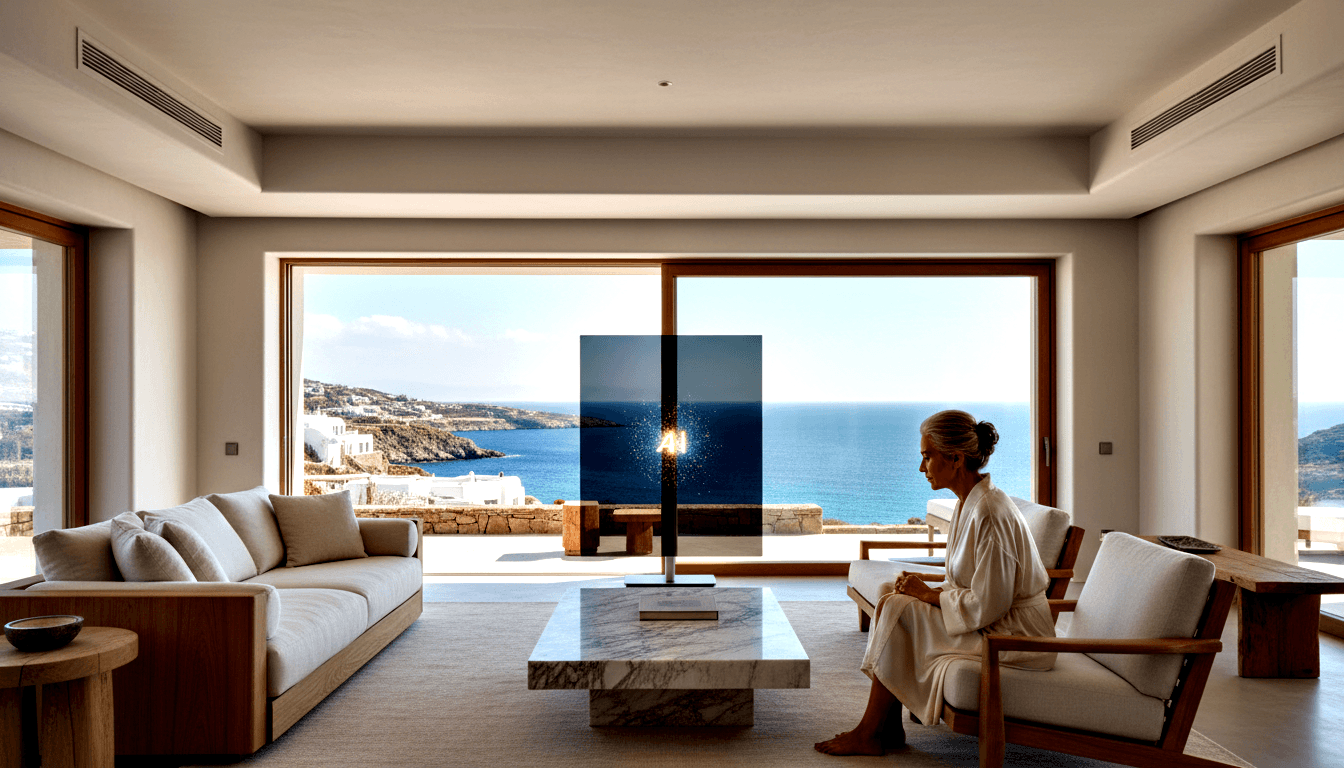 Transparent TV showing seascape reveals terrace, whitewashed buildings, and blue water beyond; woman in white bathrobe gazes at screen.