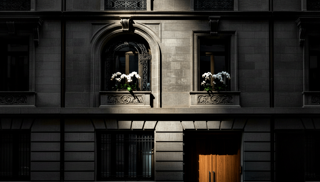 Classical two-storey stone building façade with arched iron-grille entrance and upper windows holding white orchid plants.