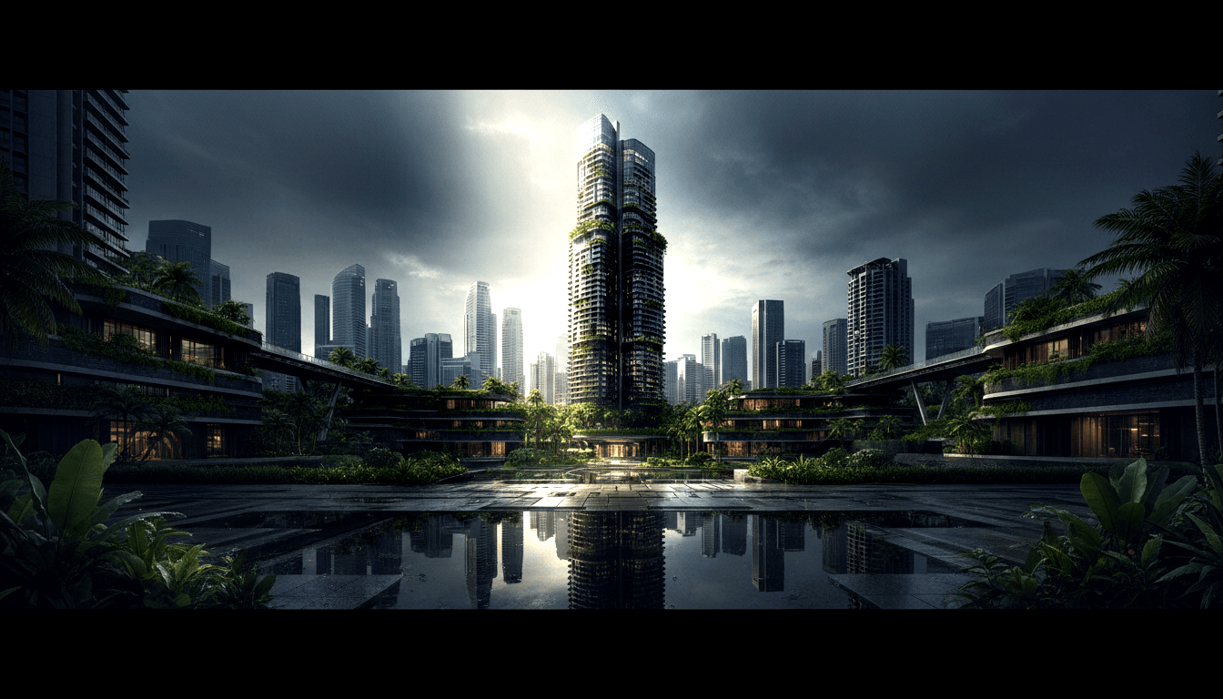 CGI skyscraper covered in emerald vegetation glows under storm-lit halo; wet plaza reflects scene flanked by palm-lined terraces.