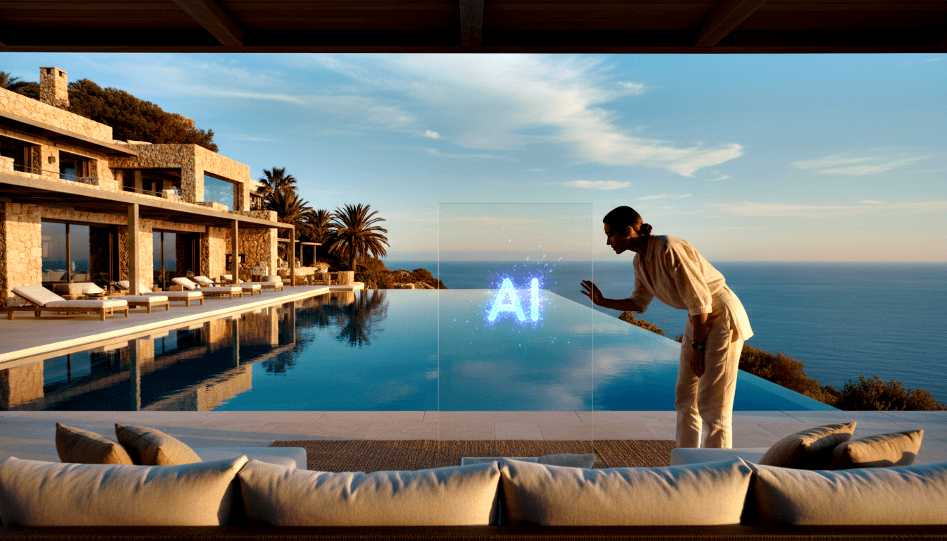 Adult in linen reaching toward glowing transparent panel displaying 'AI' in blue particle text beside an infinity pool at golden hour.