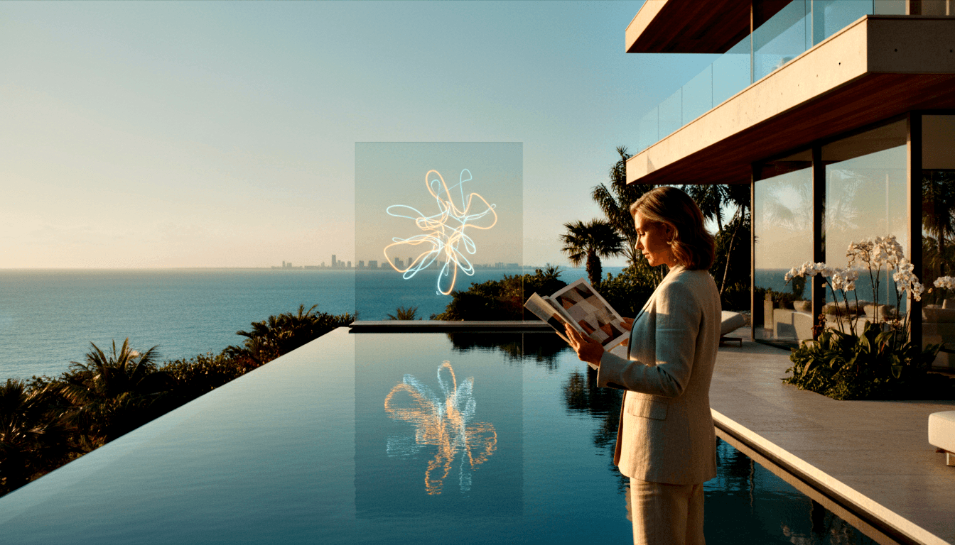 Woman in beige blazer reads a printed publication beside an infinity pool with navy water, glass railings, and glowing neon floral panel above.