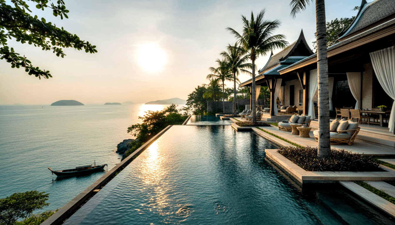 Coastal pavilion with multi-tiered dark roof and timber columns overlooking an infinity pool merging with a calm ocean bay at sunset.