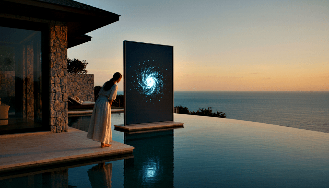 Woman in white gown on terrace faces screen with cyan spiral pattern over teal infinity pool merging with ocean at sunset.