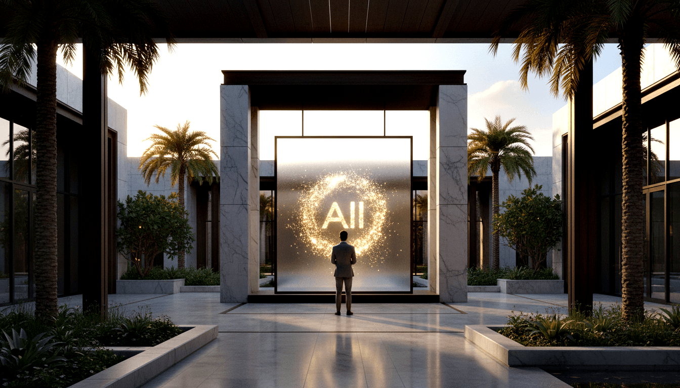 Person in tan suit, back to viewer, stands before frosted glass panel with glowing amber particle ring and stylized text in monumental gateway.