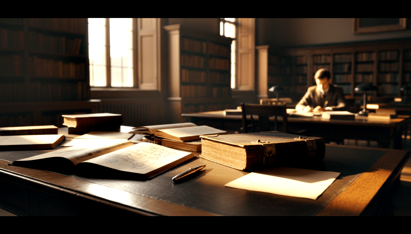 Dark desk with open books, aged volumes, leather notebook with diagrams, and pen; blurred figure at distant desk.