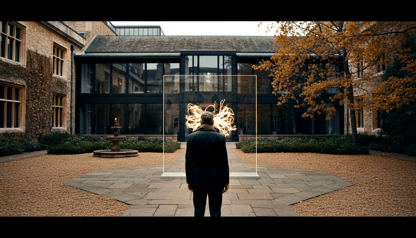 Person in dark overcoat seen from behind facing a rectangular glass portal filled with swirling golden light filaments and glowing amber mass.