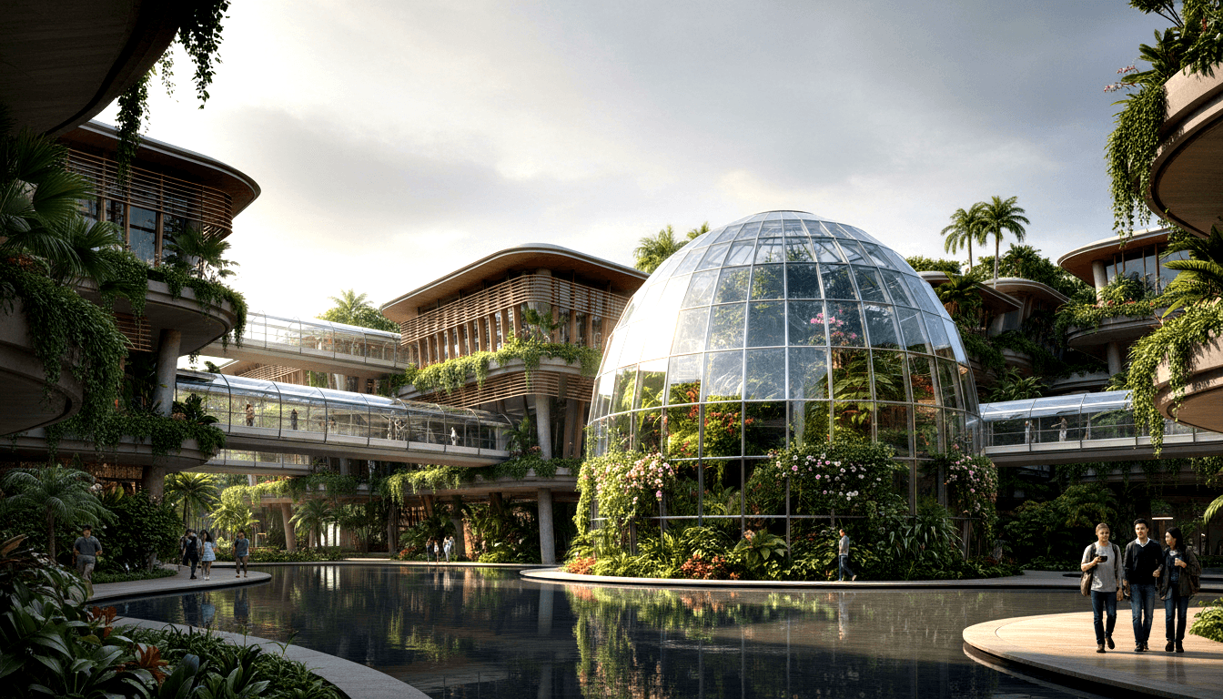 CGI rendering of a futuristic complex with a glass geodesic dome, vertical garden buildings, sky bridges, and a reflective pool.