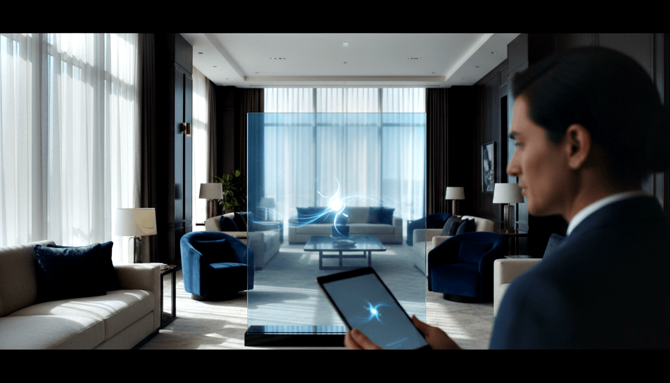 Man in dark navy suit holding a glowing tablet faces a large transparent panel emitting swirling cyan and white energy in an elegant room.