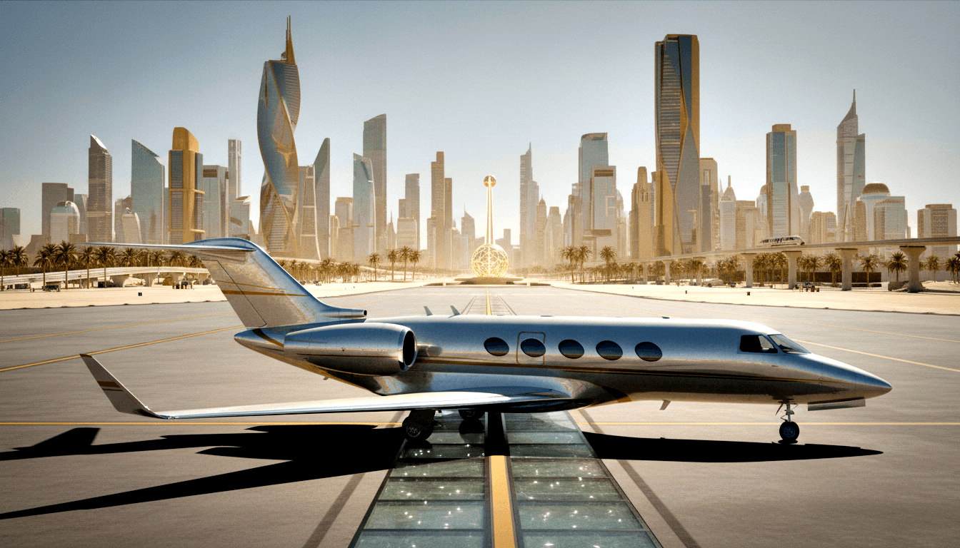 Silver business jet on dark tarmac; futuristic golden-beige skyline, palm trees, elevated transit, and spire with spherical monument behind.