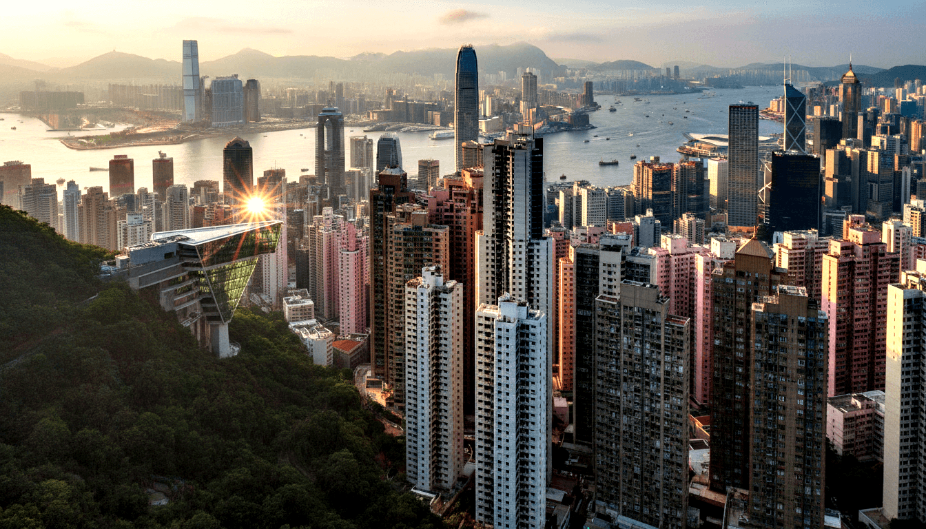 Coastal city skyline at golden hour with cream and glass skyscrapers, forested hillside with triangular glass structure, and steel-blue harbor.