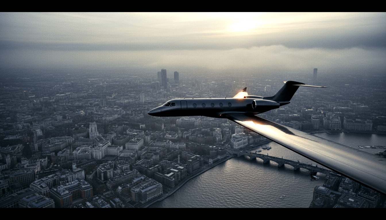 Dark charcoal business jet with twin rear engines flying over a dense urban cityscape bisected by a wide river with bridges.