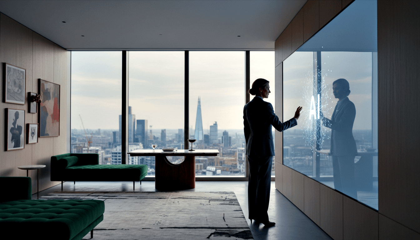 Woman in dark suit raises hand toward glowing 'AI' wall panel; emerald chaise lounge and urban skyline in background. CGI.