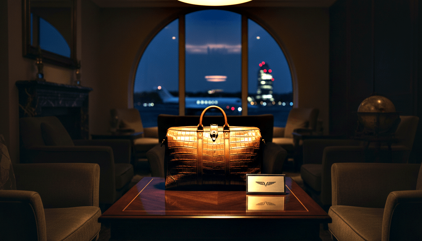 Cognac-brown crocodile-embossed leather duffel bag with dual handles and metal clasp on a dark wood table.