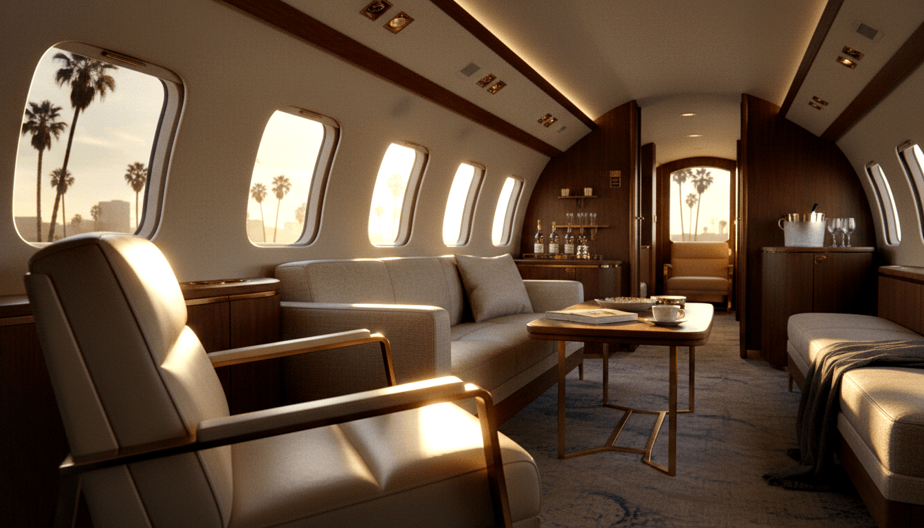 CGI jet cabin: cream leather armchair, gray sofa, gold-legged table, walnut paneling, built-in bar, oval windows with amber sunset palms.