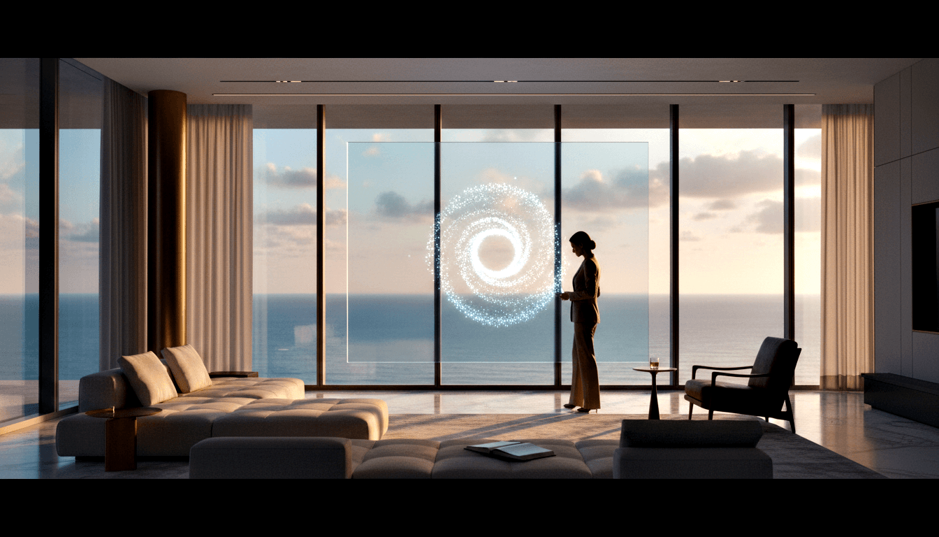 Woman with upswept hair faces a glowing white-blue spiral ring of light particles floating in a modern interior with floor-to-ceiling windows.