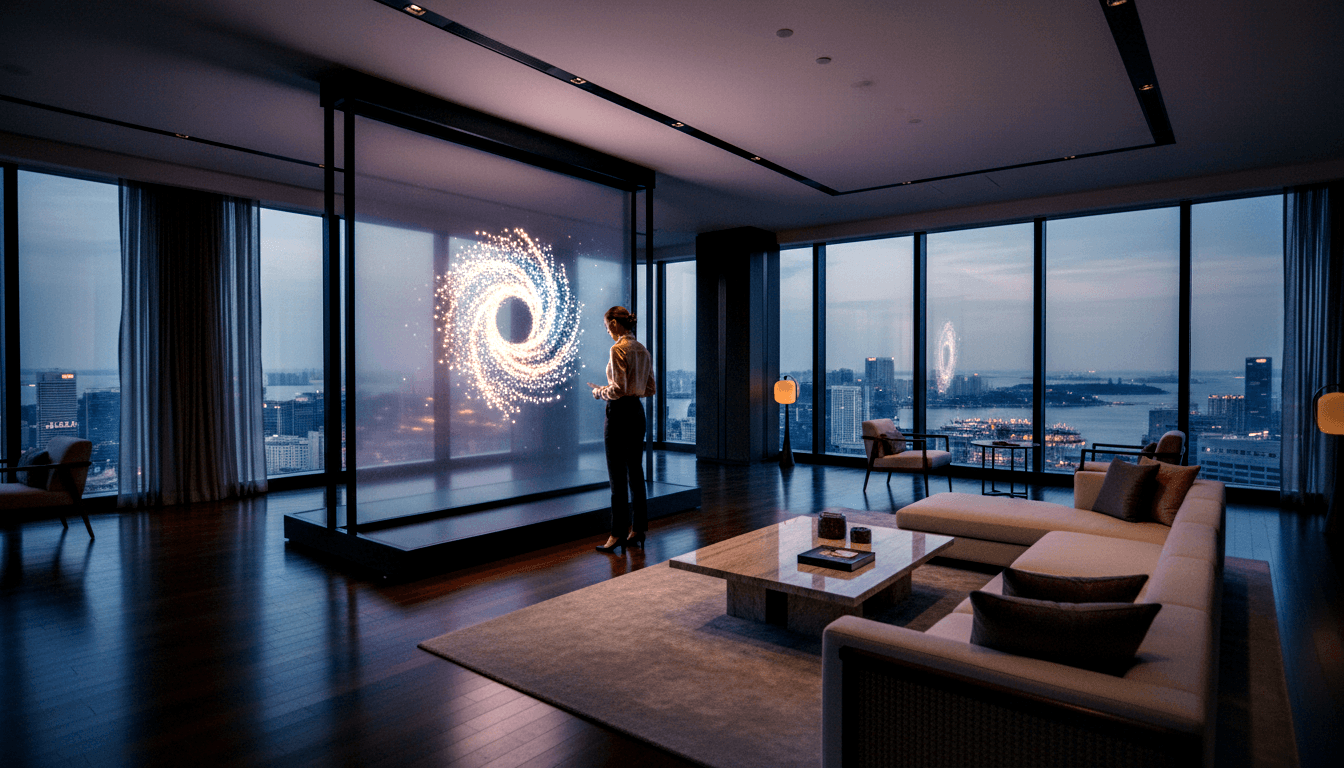 Person in silhouette stands before a large glowing white-gold spiral vortex display in a high-floor apartment with floor-to-ceiling windows.