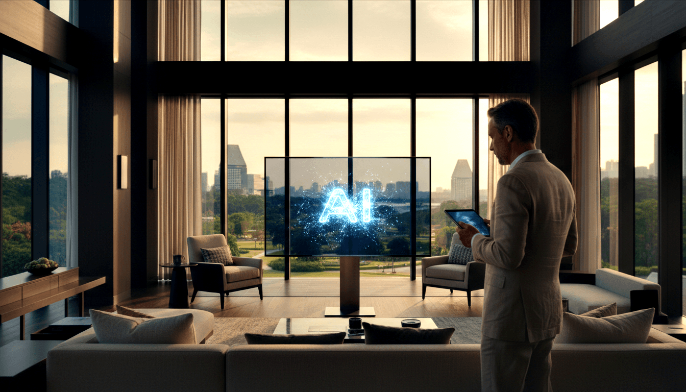 Man in beige suit holds tablet near pedestal showing glowing blue particle 'AI' text over cityscape, floor-to-ceiling windows behind.