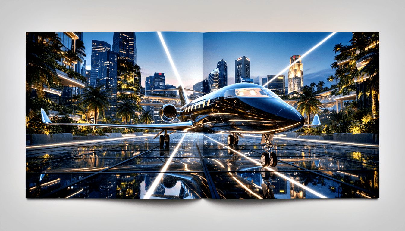 Dark navy business jet on reflective tarmac surrounded by glass skyscrapers, palm trees, and illuminated canopies under deep blue twilight.