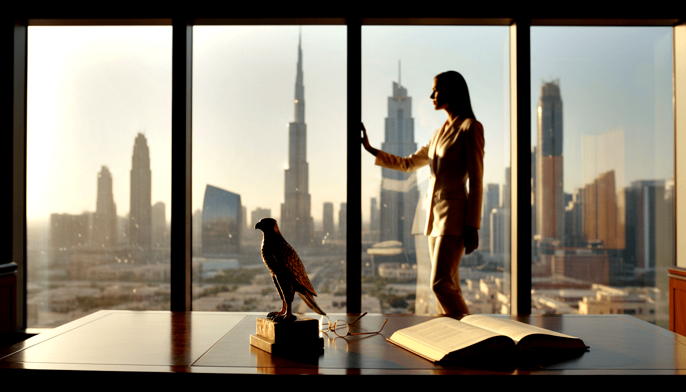 Woman in cream suit stands in profile at high-rise floor-to-ceiling windows, backlit by late-afternoon sun over urban skyline.
