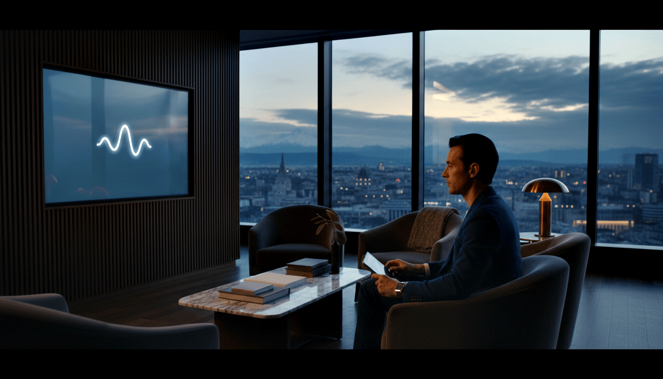 Man in dark blazer sits in profile in modern armchair holding thin device, facing floor-to-ceiling windows with twilight cityscape.