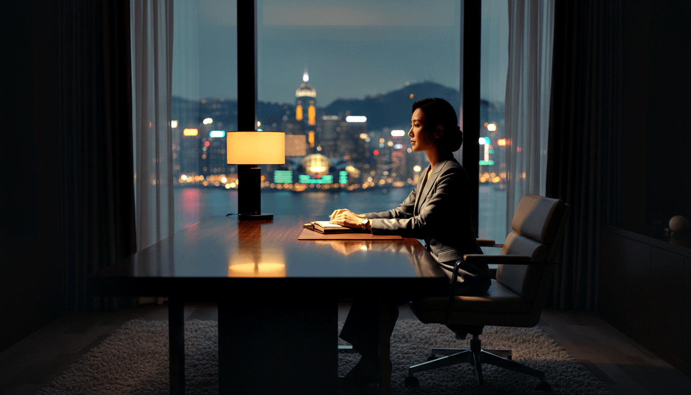 Dark-haired woman in charcoal jacket sits in profile at dark wood desk, gazing at floor-to-ceiling windows with night waterfront skyline.
