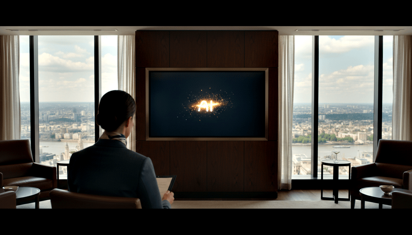Person with dark blazer and neck scarf, back to viewer, holds tablet facing large screen displaying glowing golden-orange fiery particle effect.
