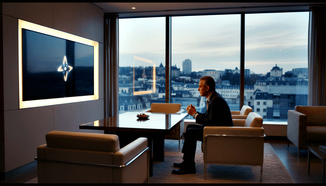 Man in dark suit sits at dark wood dining table, hands clasped, gazing through floor-to-ceiling windows at a dusk city skyline.