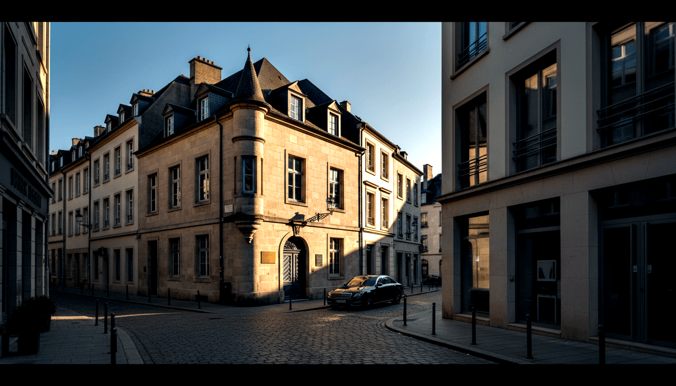 Sunlit corner building with conical turret, mansard roof, amber stone facade, arched ironwork doorway, ornate lamp, cobblestone street.