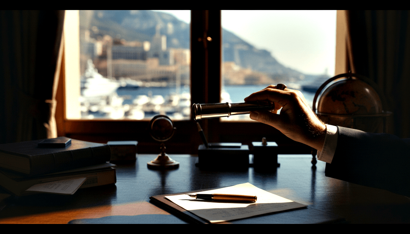 Suited hand holds silver spyglass over desk with pen, books, globe; harbor, yachts, cliffs in golden light behind.
