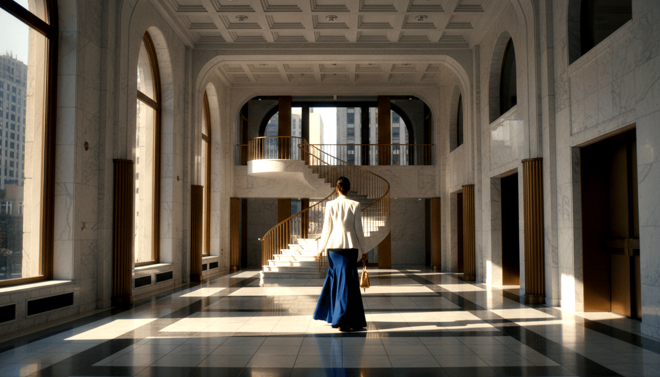 Woman in white blazer and navy skirt walking toward a curved spiral staircase with gold railings on a marble geometric-tiled floor.