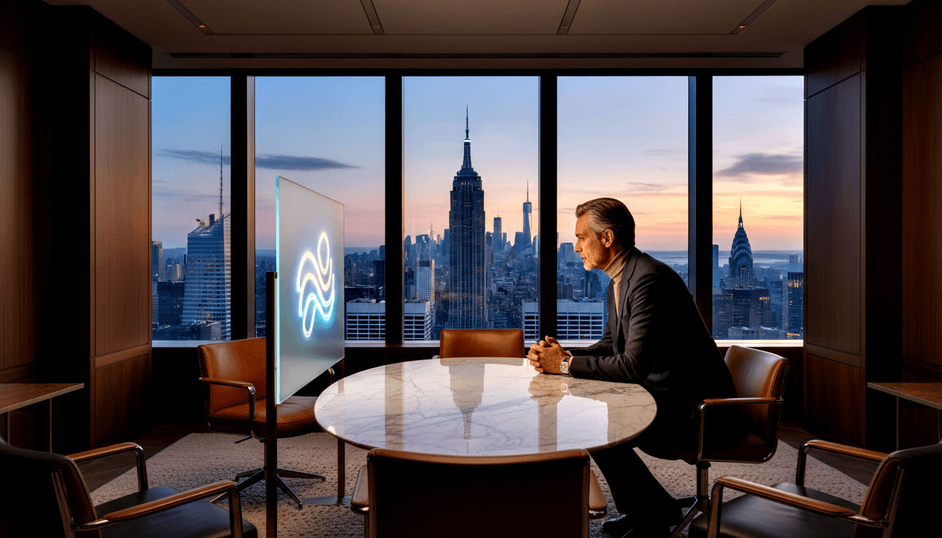 Silver-haired man in dark blazer sits at marble table, hands clasped, gazing at frosted glass panel with cyan neon wave symbol.