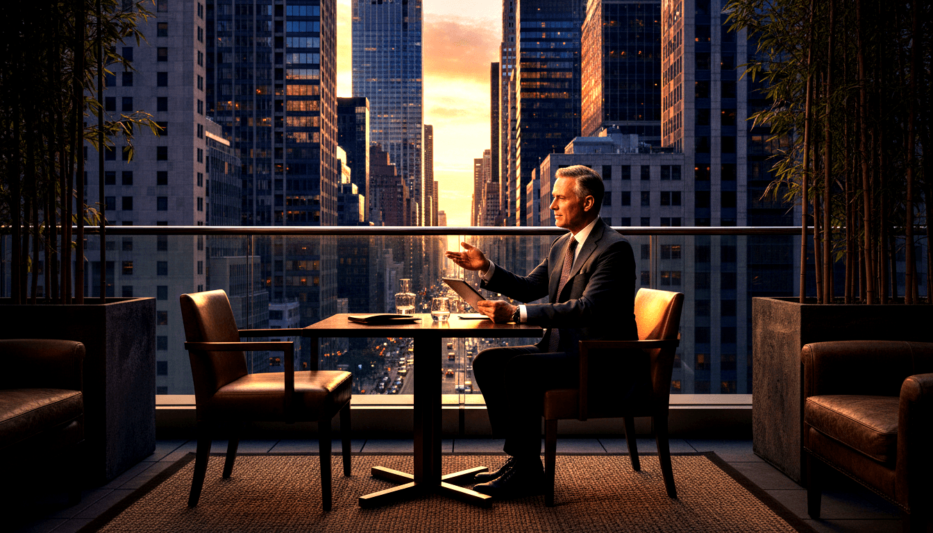 Silver-haired man in charcoal suit gestures with tablet at high-rise terrace, glass railing overlooking skyscrapers at sunset.