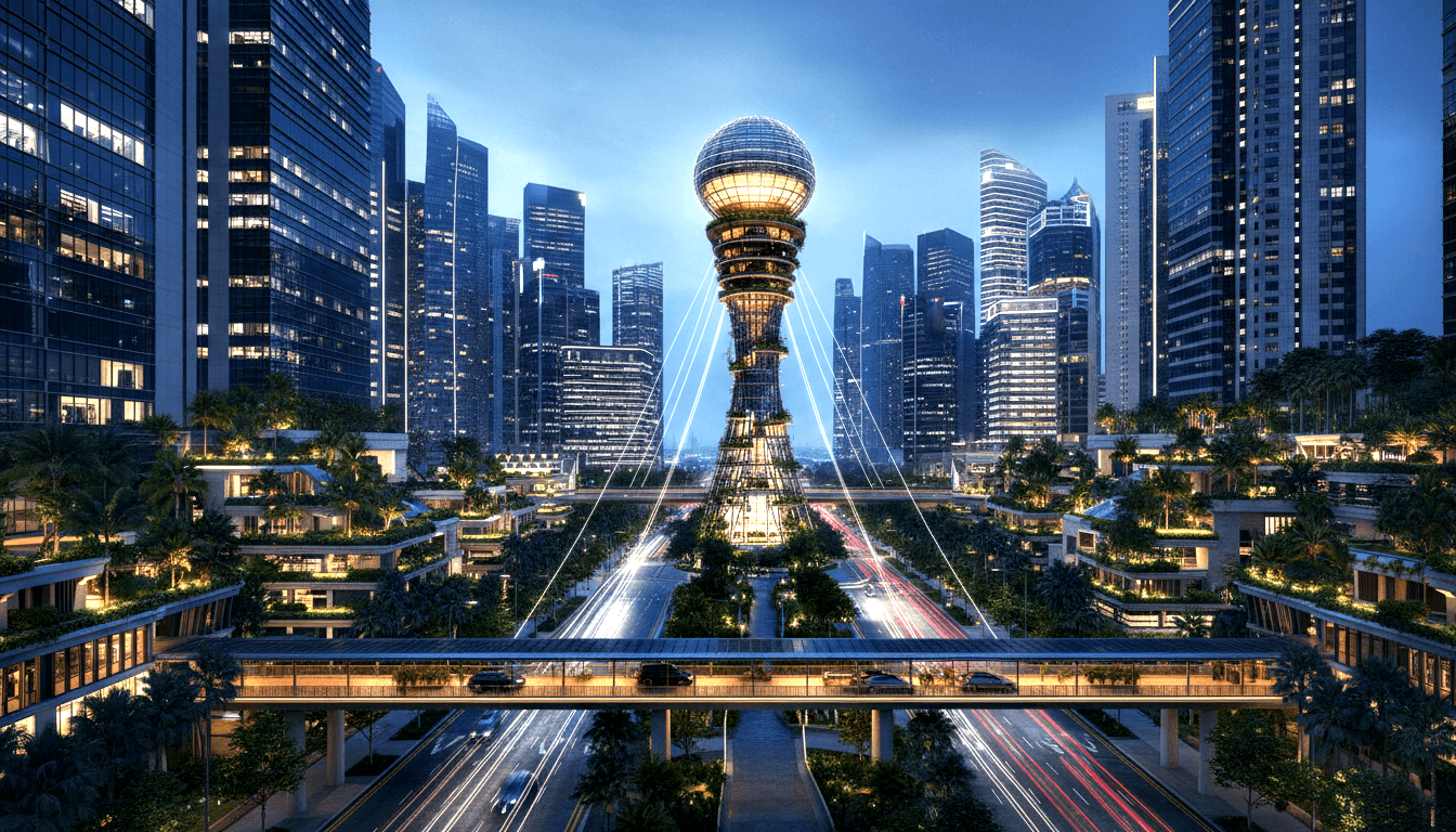 CGI dusk boulevard: latticed steel tower, glowing sphere apex, cable stays, terraced buildings with rooftop greenery, glass skyscrapers.