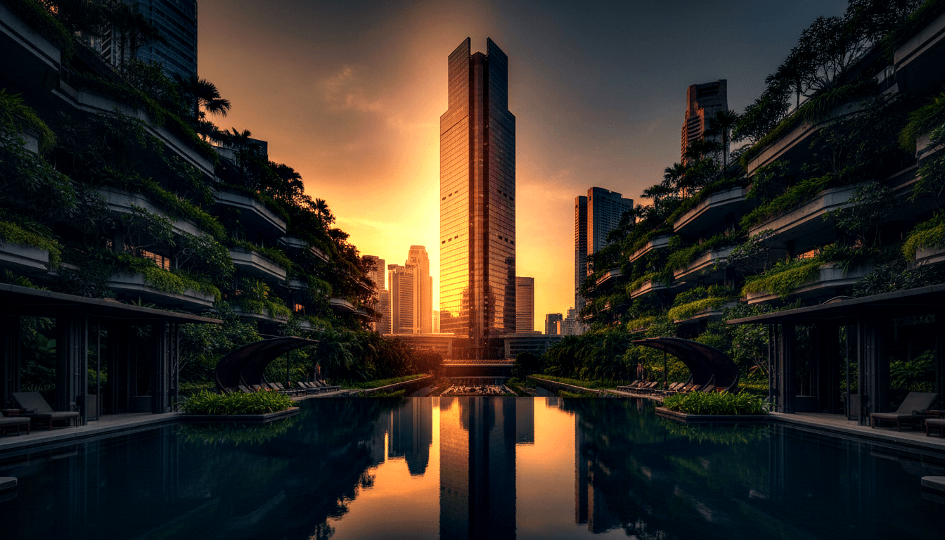 Glass skyscraper against orange sunset sky, flanked by plant-covered terraced buildings, mirrored in a still rectangular pool.