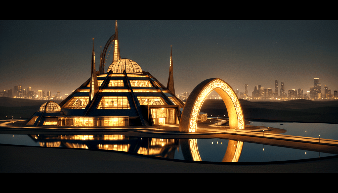 CGI pyramidal complex at night with ribbed dome, golden spires, and double-arch structure reflected in still water against a city skyline.