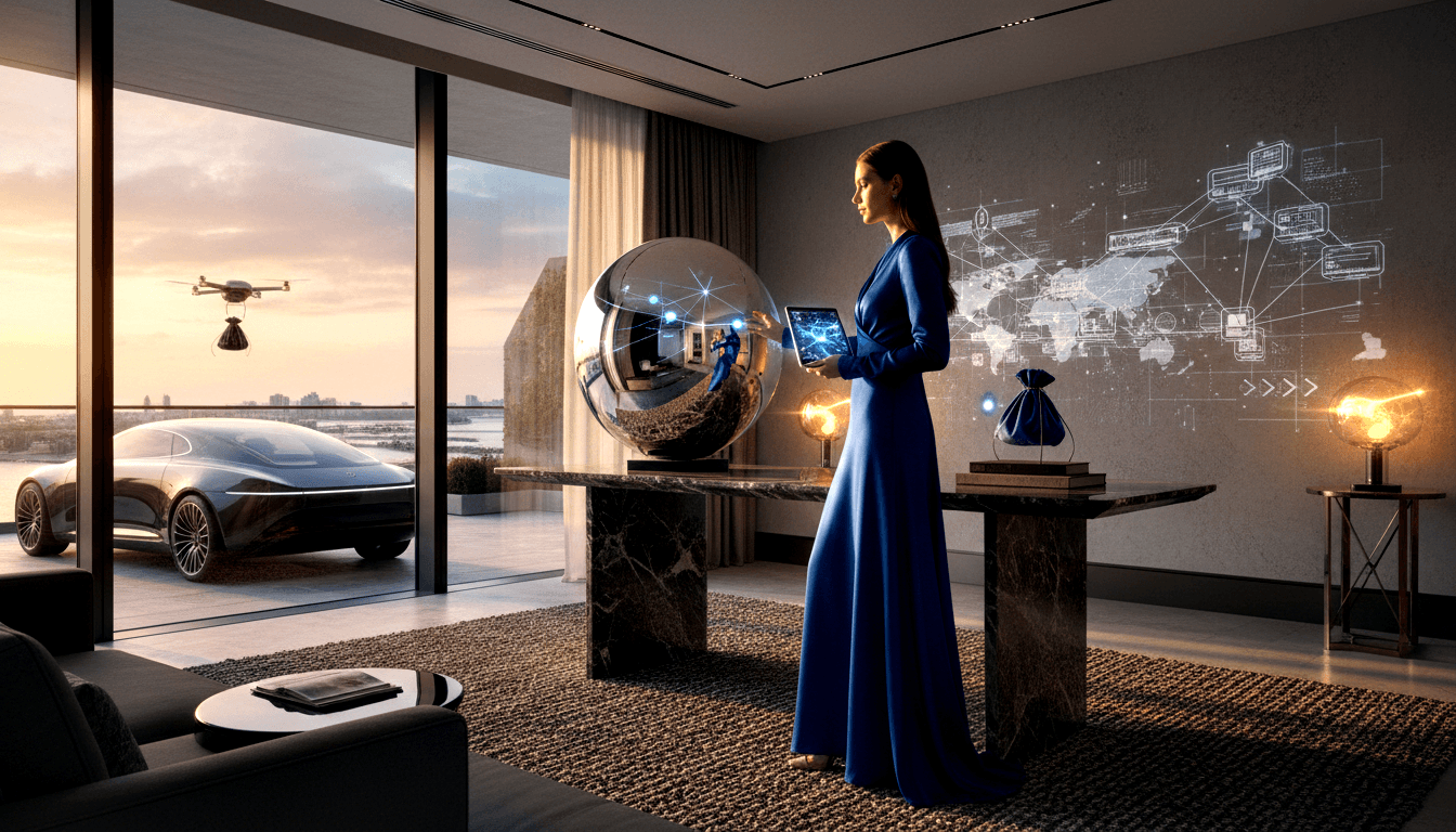 Woman in blue gown reaches toward glowing chrome sphere on marble console, holding transparent tablet; holographic map glows nearby.