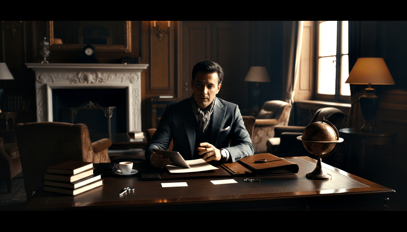 Dark-haired man in charcoal suit reads papers at a mahogany executive desk with globe, books, and espresso cup in a wood-paneled room.