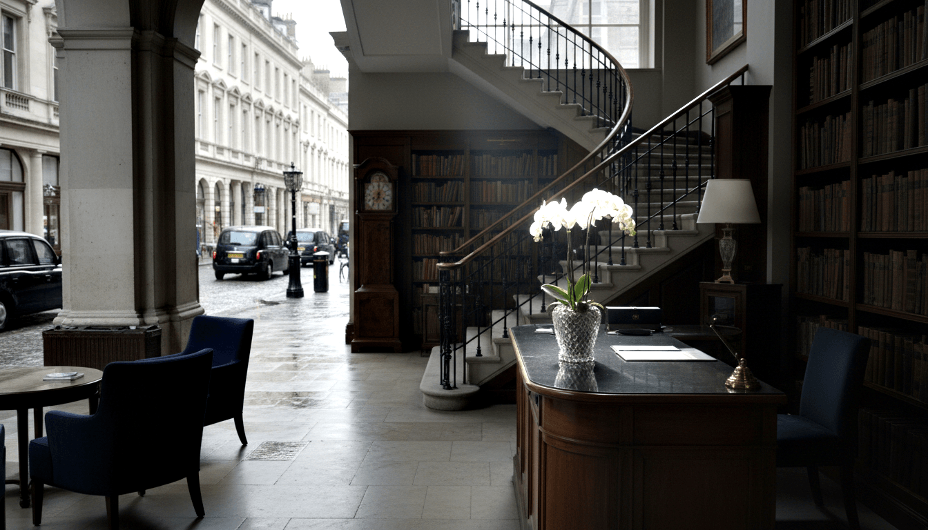 Lobby with curved wood desk, floor-to-ceiling bookshelves, spiral staircase, arched opening framing cobblestone street.