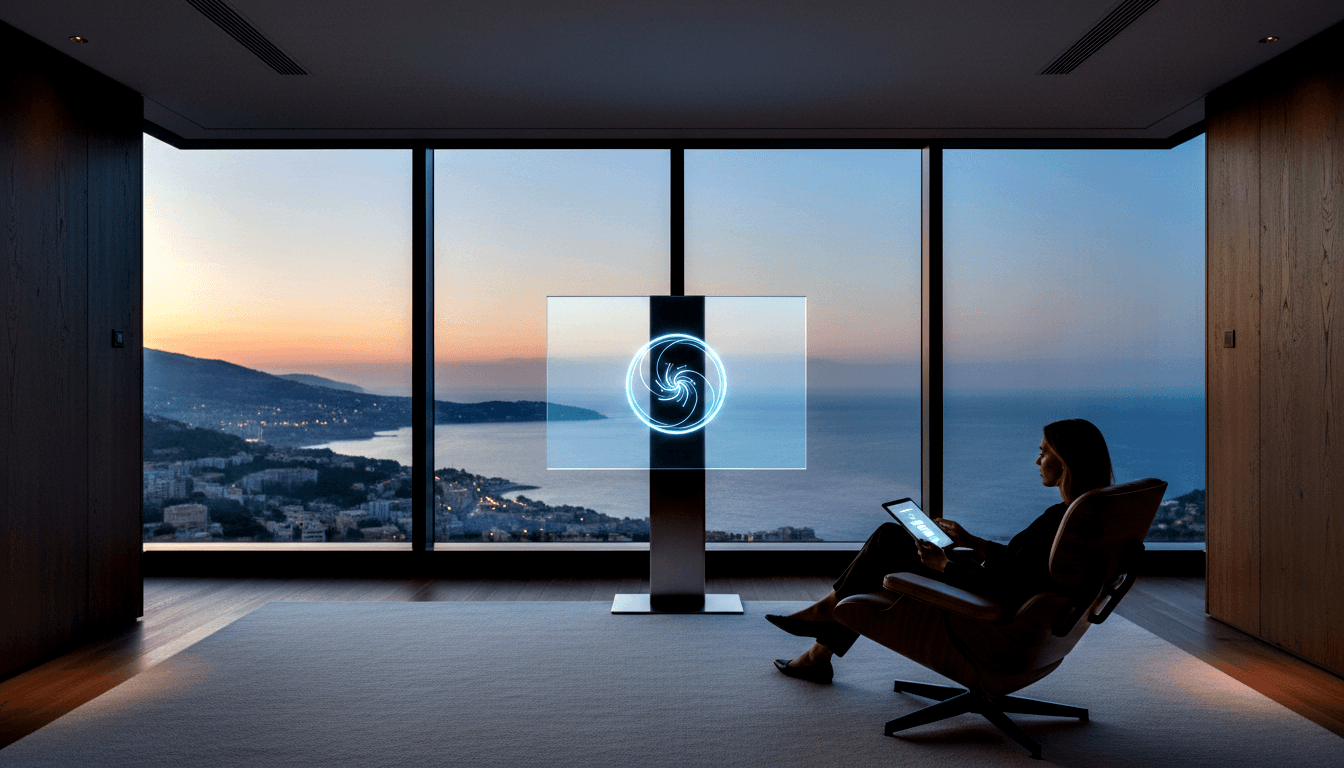 Transparent display panel on dark pedestal shows a glowing cyan spiral hologram; woman in dark attire sits nearby with a tablet.