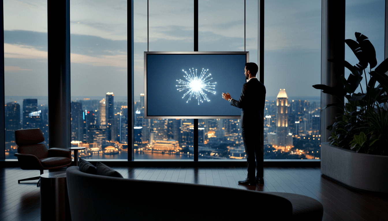 Person in dark suit touches suspended display showing white node-network on dark blue; floor-to-ceiling windows reveal dusk skyline.