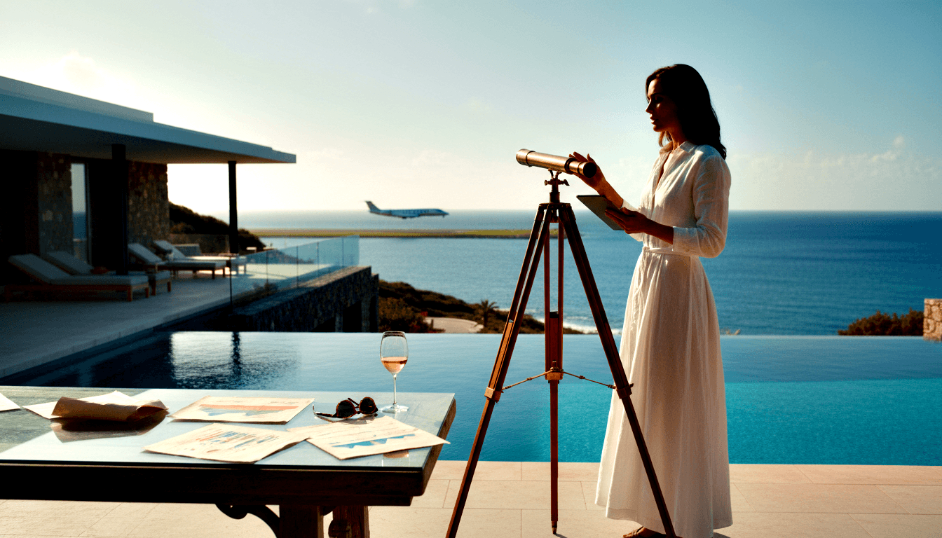Woman in white dress stands in profile on coastal terrace holding a tablet beside a brass telescope; infinity pool and ocean beyond.