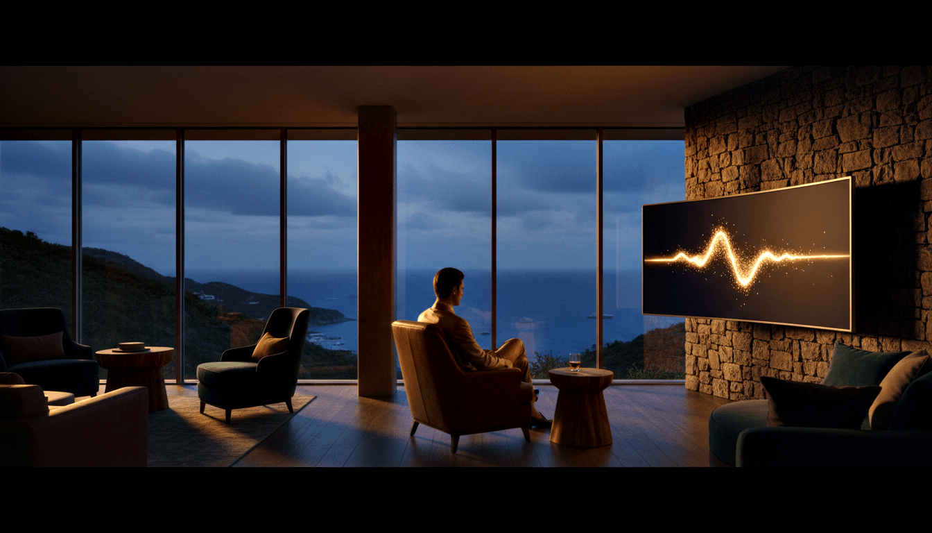 Person in light blazer in brown armchair faces TV with golden waveform; coastal bay visible through tall windows at dusk.