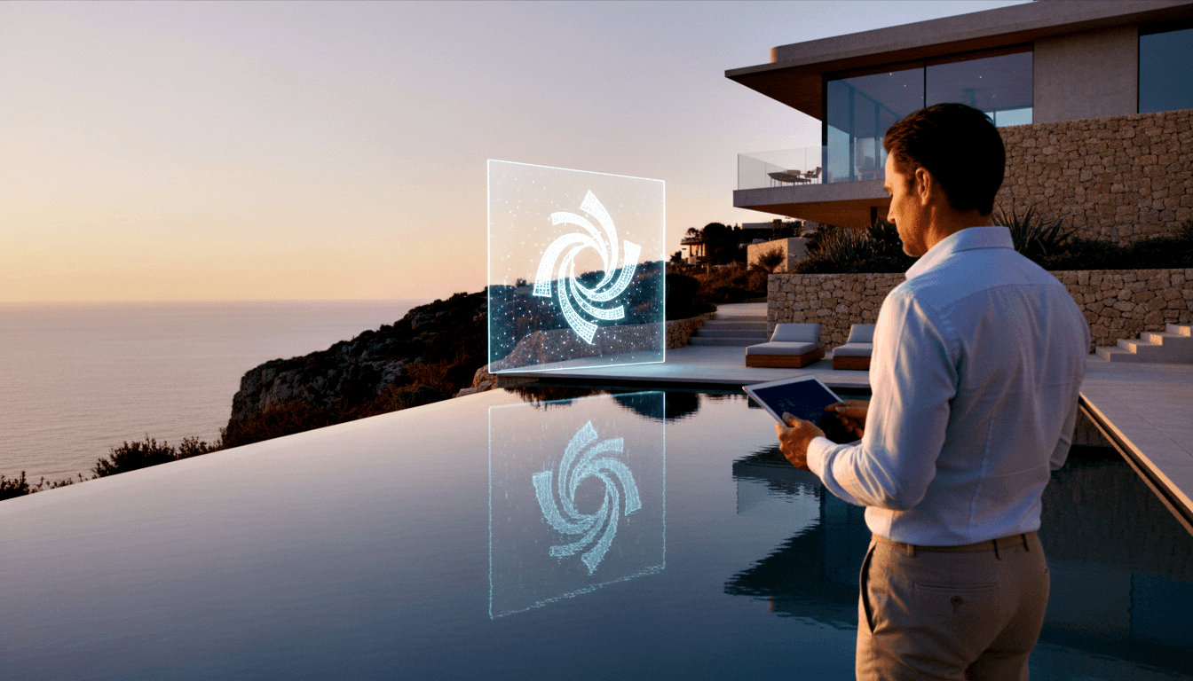 Man in light blue shirt and beige trousers at infinity pool edge holding tablet, holographic cyan spiral panel floating above teal water.