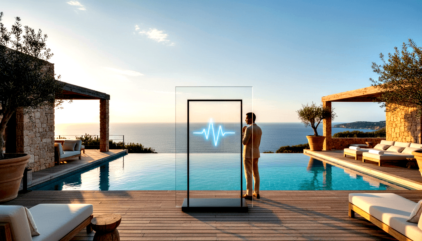 Man in beige suit stands beside a transparent glass panel showing a glowing cyan ECG waveform on a villa terrace with infinity pool.