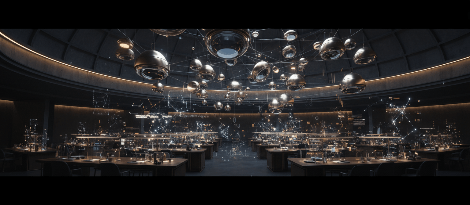 CGI domed interior: dark workstation rows recede to vanishing point, curved glowing blue-white screen walls, hanging chrome spheres.