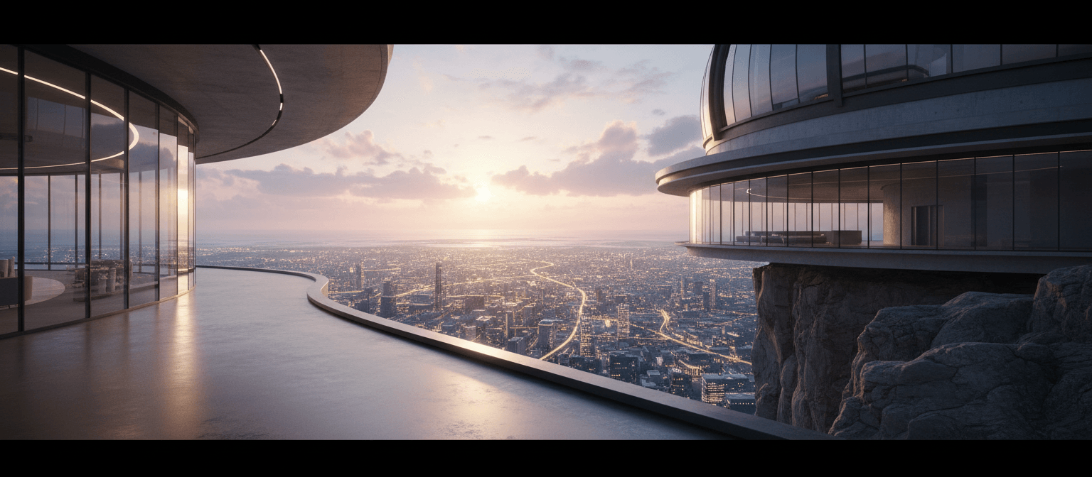 CGI curved modernist glass building cantilevered over rocky cliff; city grid and water below; rose-lavender twilight sky.